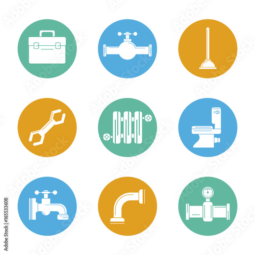 white background with color set of plumbing icons in circles vector illustration