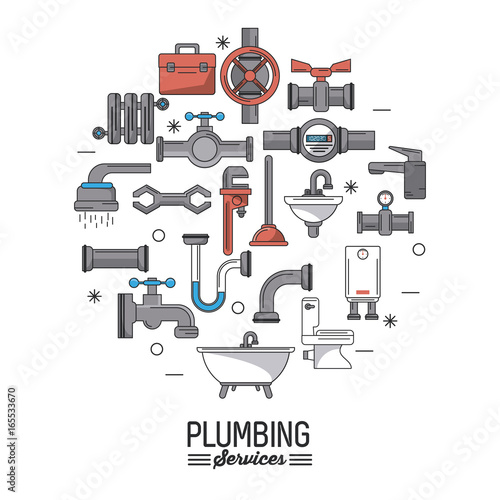 white background poster plumbing services with icons set of plumbing