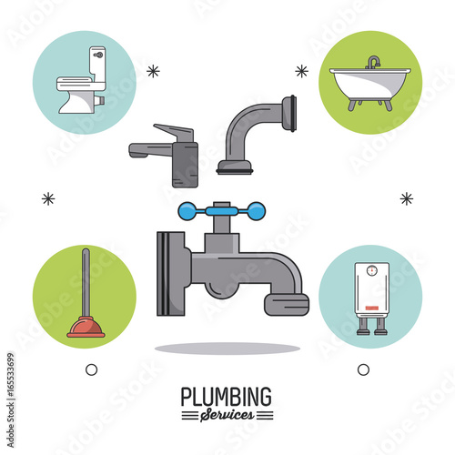 white background poster plumbing services with color faucets and plumbing bathroom icons around