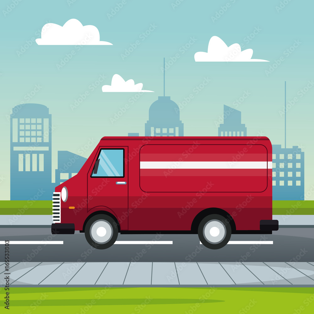 poster city landscape with fast delivery truck of packages