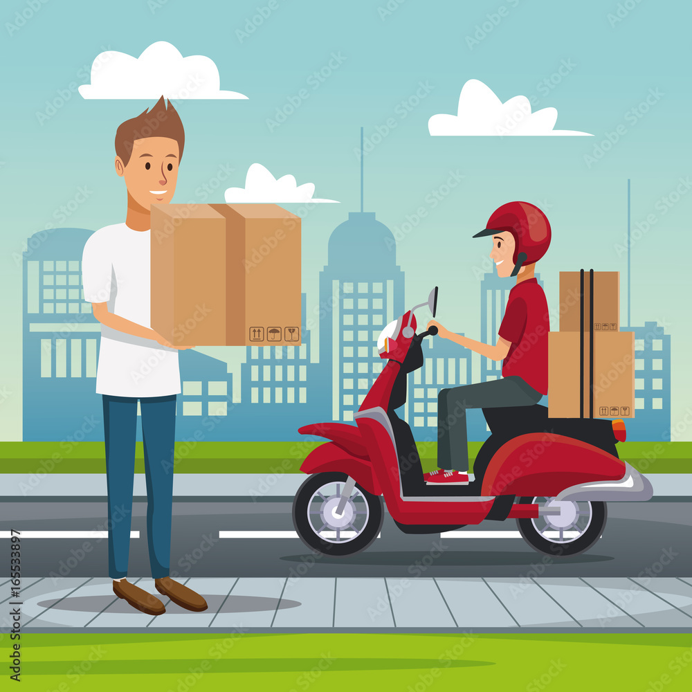poster city landscape with customer carrying package and man in scooter fast delivery