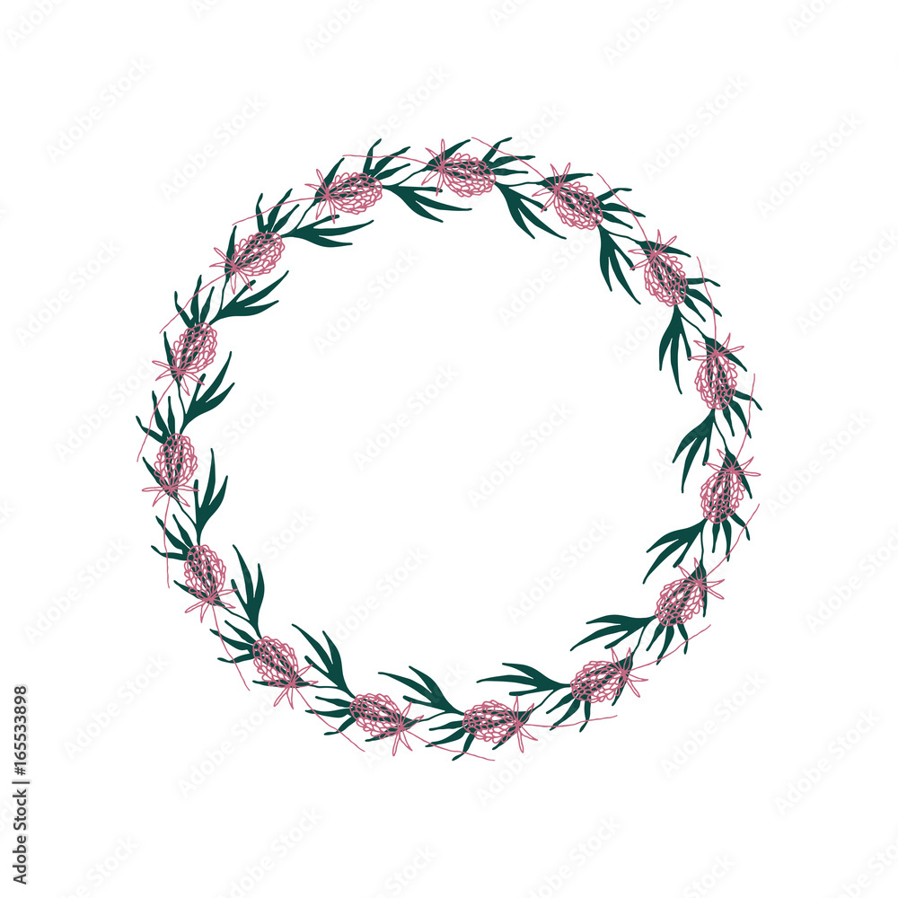 Vector botanical illustration with a wreath made of stylized leaves and clover flowers. Vector botanical illustration with a wreath made of stylized leaves and clover flowers.