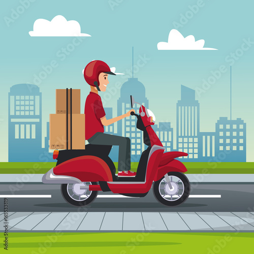 poster city landscape with fast delivery man scooter with packages