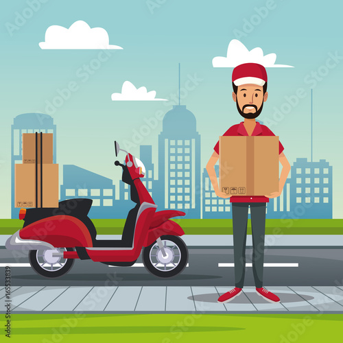 poster city landscape with scooter and man carrying packages fast delivery
