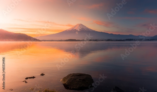 Mt.Fuji at Lake Kawaguchiko japan. autumn season in japan. Maple japan and mount fuji on blue sky.