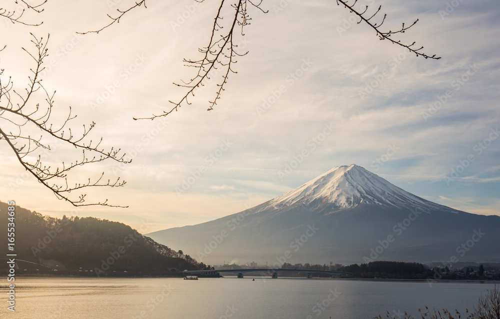 Mt.Fuji at Lake Kawaguchiko japan. autumn season in japan. Maple japan and mount fuji on blue sky.