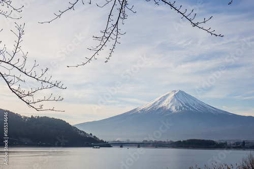 Mt.Fuji at Lake Kawaguchiko japan. autumn season in japan. Maple japan and mount fuji on blue sky.