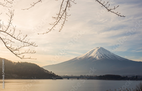 Mt.Fuji at Lake Kawaguchiko japan. autumn season in japan. Maple japan and mount fuji on blue sky. © iceonion
