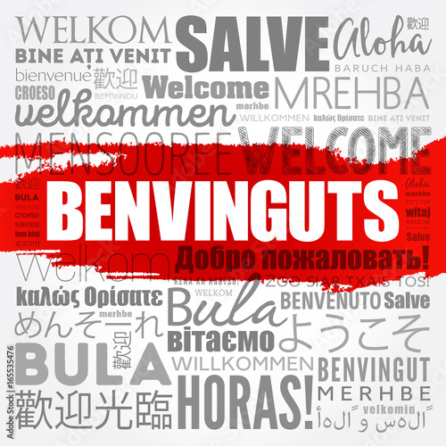 Benvinguts (Welcome in Catalan) word cloud in different languages, conceptual background photo