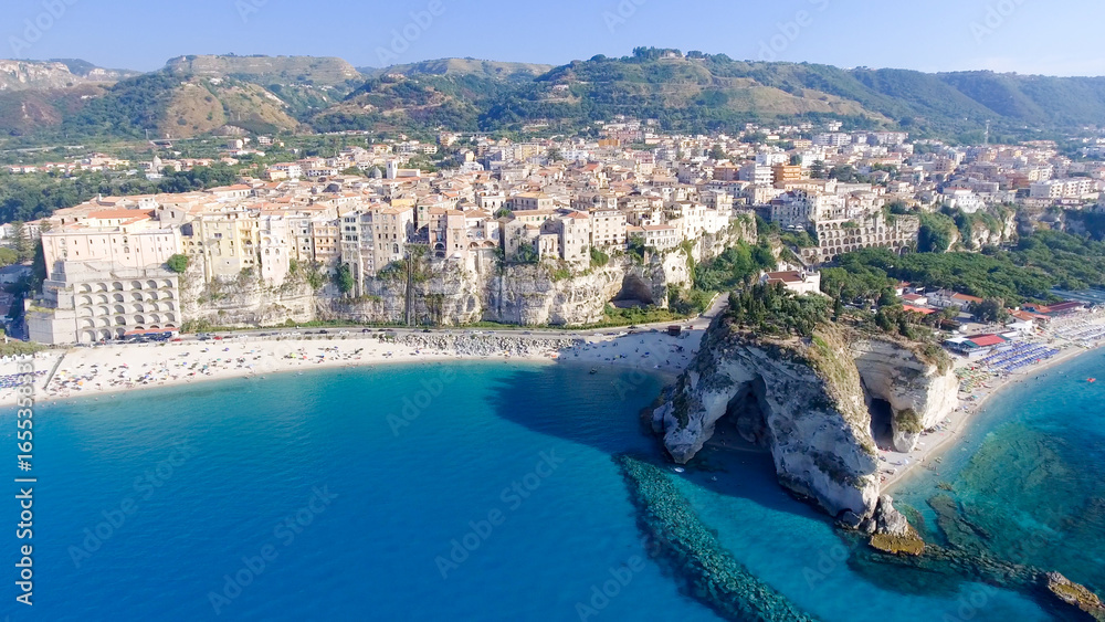 Amazing aerial view of Tropea Beach in Calabria, Italy - obrazy, fototapety, plakaty 