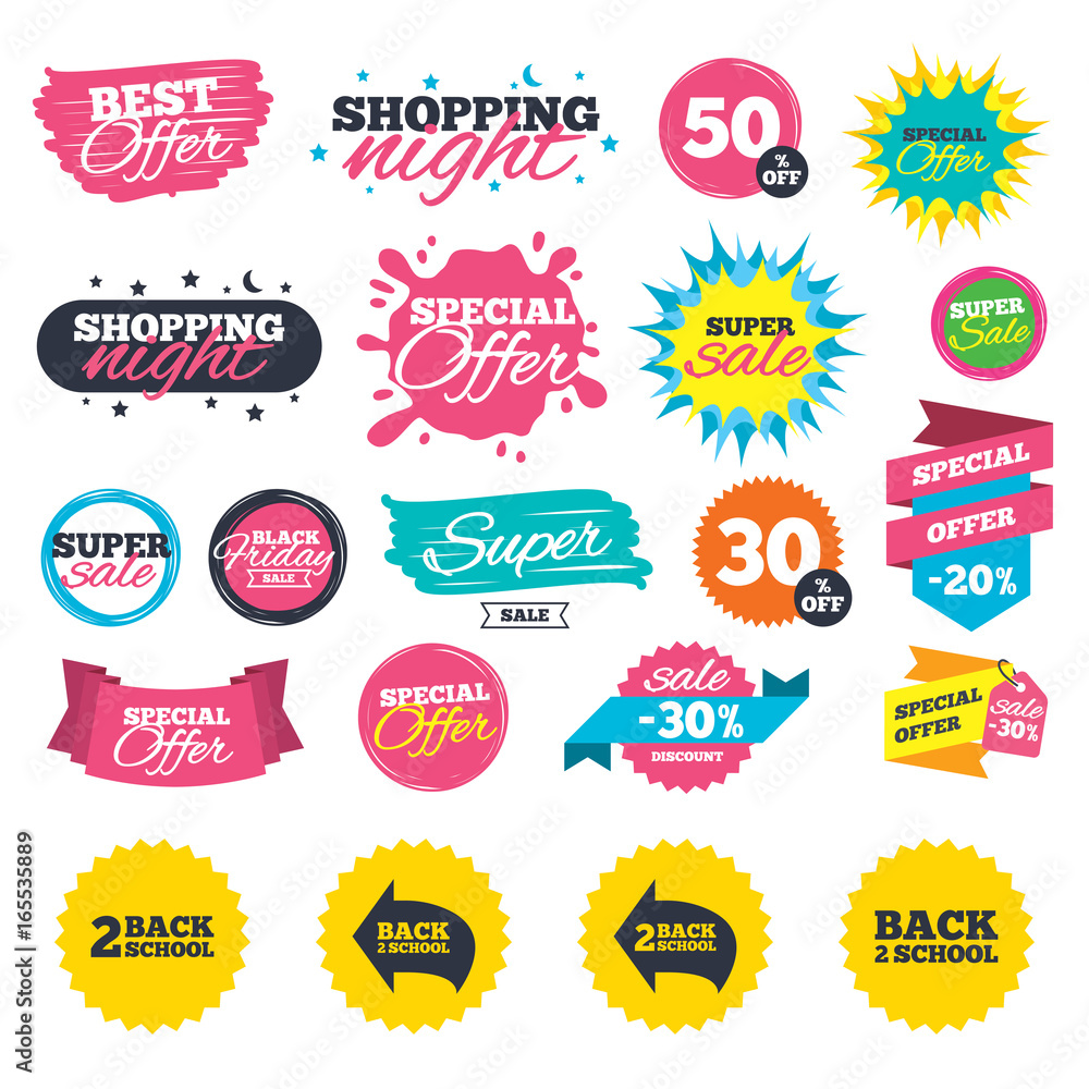 Sale shopping banners. Back to school icons. Studies after the holidays signs symbols. Web badges, splash and stickers. Best offer. Vector