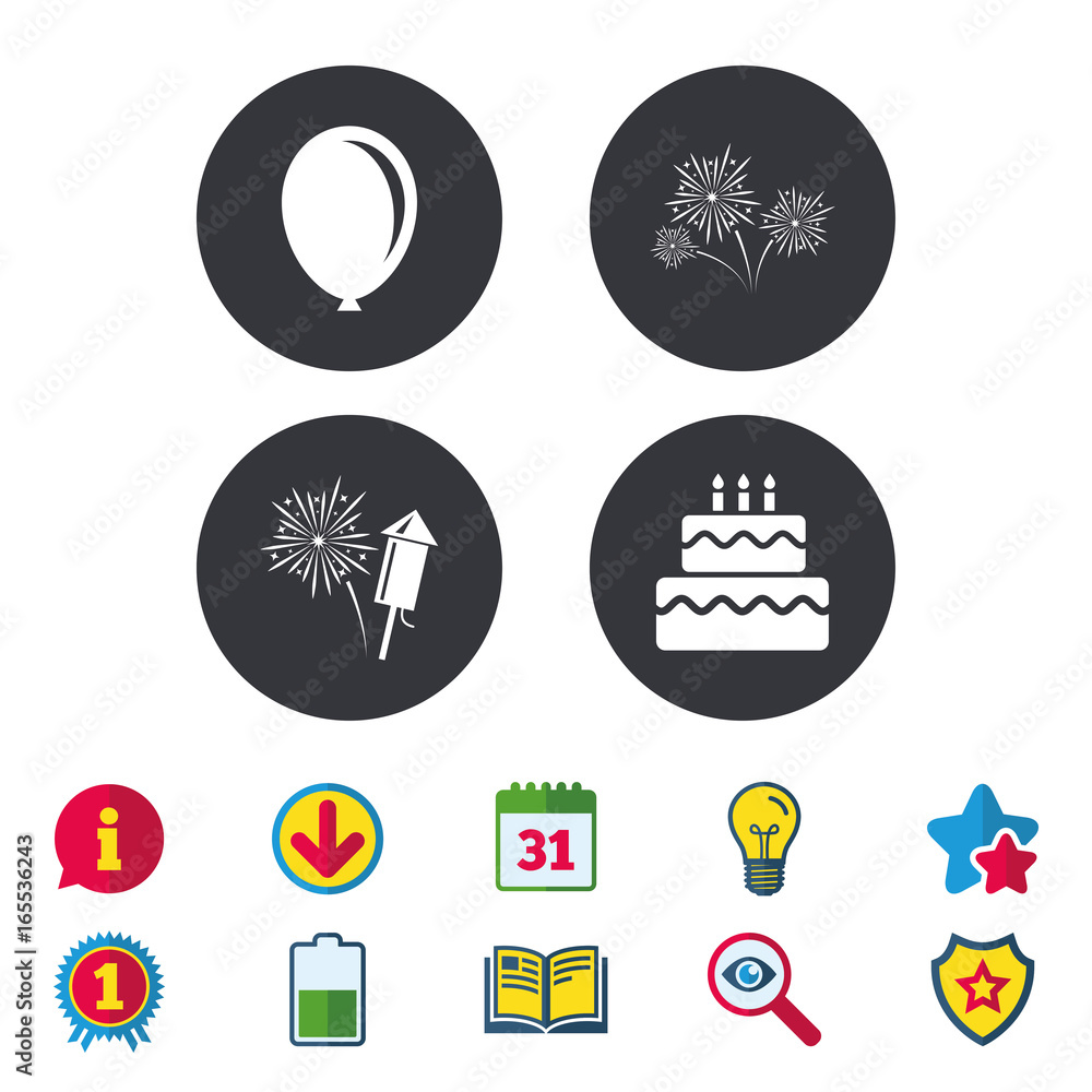 Birthday party icons. Cake and gift box signs. Air balloon and fireworks symbol. Calendar, Information and Download signs. Stars, Award and Book icons. Light bulb, Shield and Search. Vector