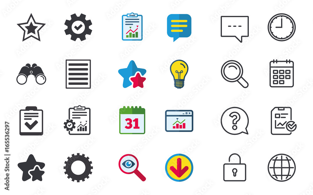 Star favorite and menu list icons. Checklist and cogwheel gear sign symbols. Chat, Report and Calendar signs. Stars, Statistics and Download icons. Question, Clock and Globe. Vector Star favorite and menu list icons. Checklist and cogwheel gear sign symbols. Chat, Report and Calendar signs. Stars, Statistics and Download icons. Question, Clock and Globe. Vector