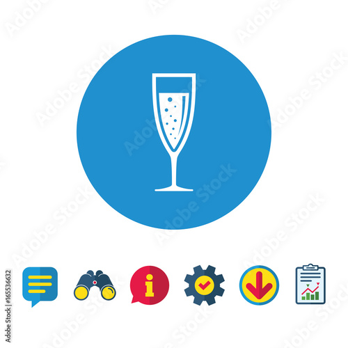 Glass of champagne sign icon. Sparkling wine with bubbles. Celebration or banquet alcohol drink symbol. Information, Report and Speech bubble signs. Binoculars, Service and Download icons. Vector