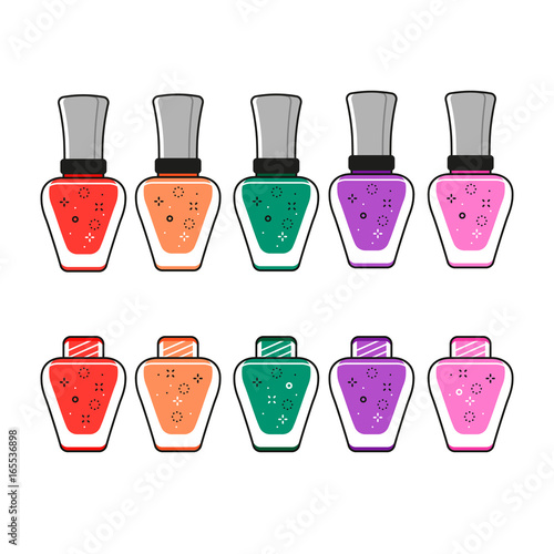 Isolated beauty fashion objects: red, orange, turquoise, purple, pink colors. Flat minimalist style with black lines photo