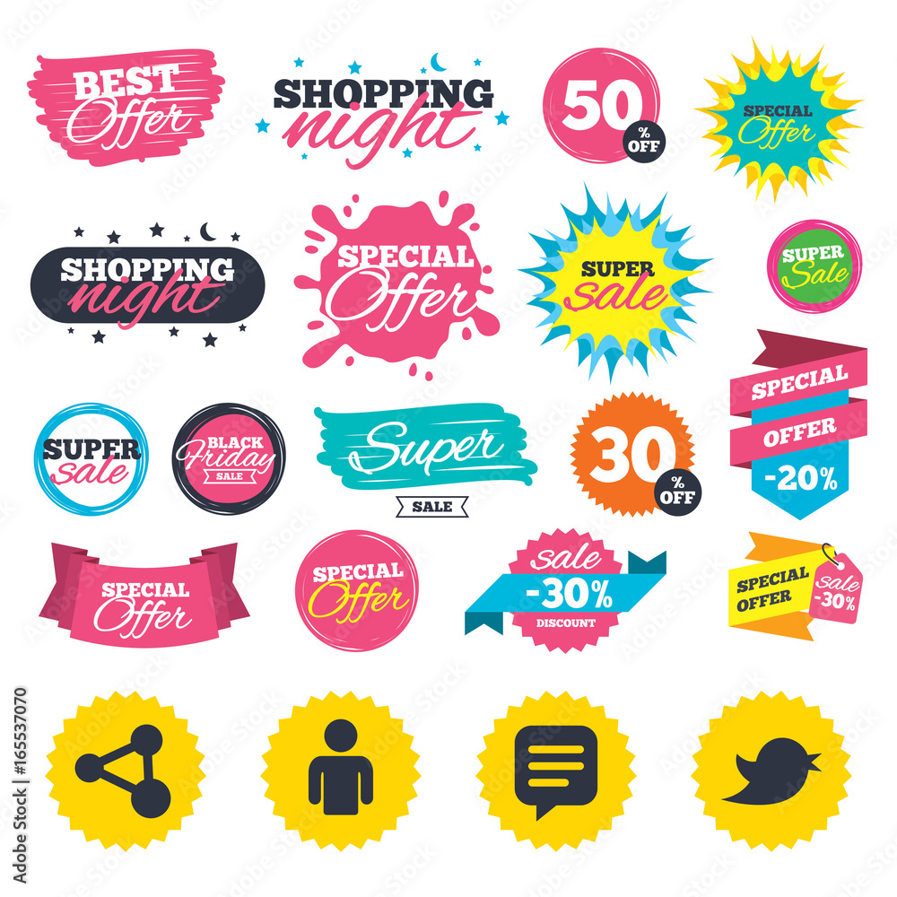 Sale shopping banners. Human person and share icons. Speech bubble symbols. Communication signs. Web badges, splash and stickers. Best offer. Vector
