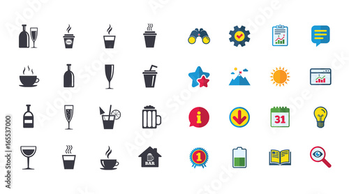 Set of Drinks, Beer and Cocktails icons. Coffee, Tea and Alcohol drinks. Wine bottle, Glass and Bar symbols. Calendar, Report and Browser window signs. Stars, Service and Download icons. Vector
