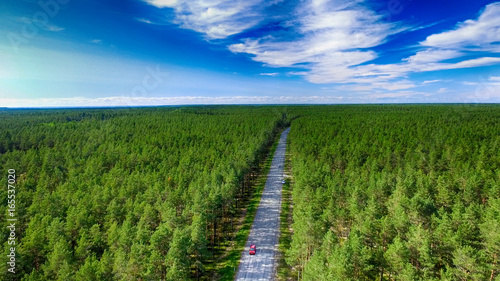 Aerial view of beautiful road across the forest