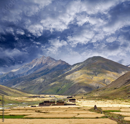 Dho Tarap Village over barley fields in Dolpo, Shey Phoksumdo National Park, Nepal, Himalayas