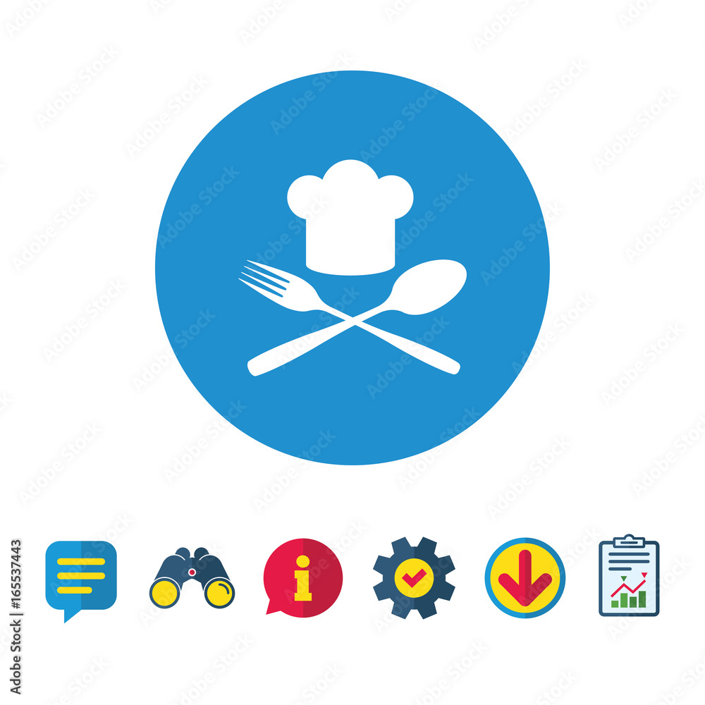 Chef hat sign icon. Cooking symbol. Cooks hat with fork and spoon. Information, Report and Speech bubble signs. Binoculars, Service and Download icons. Vector Chef hat sign icon. Cooking symbol. Cooks hat with fork and spoon. Information, Report and Speech bubble signs. Binoculars, Service and Download icons. Vector