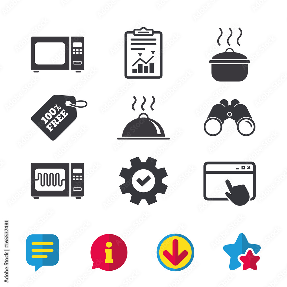 Microwave grill oven icons. Cooking pan signs. Food platter serving symbol.  Browser window, Report and Service signs. Binoculars, Information and  Download icons. Stars and Chat. Vector Stock Vector | Adobe Stock