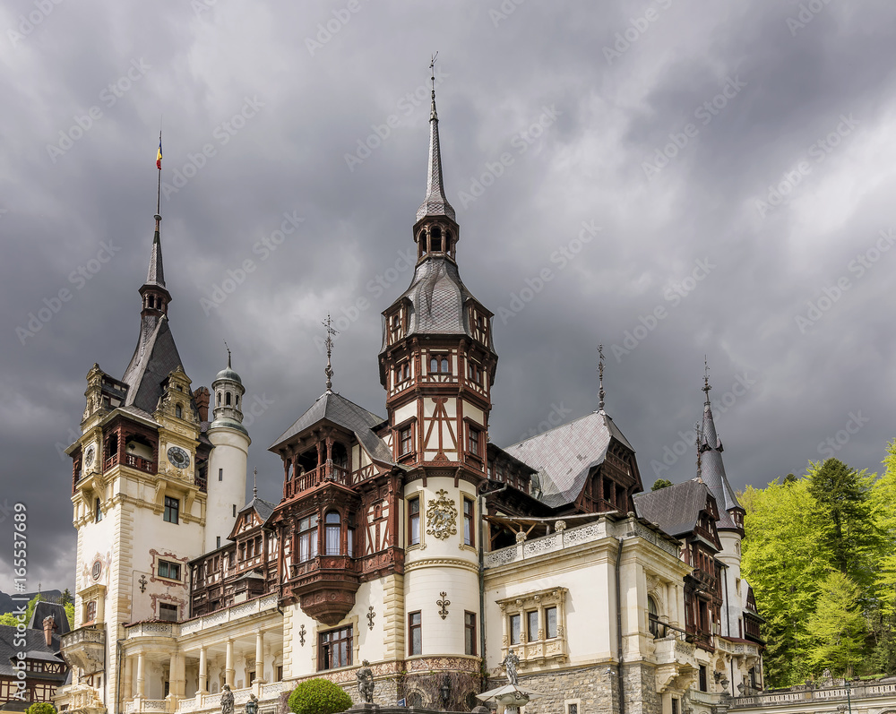 Obraz premium View of the top of the famous Peles Castle, Sinaia, Romania
