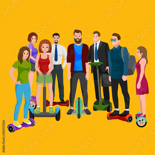 active peoples fun with electric scooter, family on new modern technology hoverboard, man woman and child self balance wheel transport gyroscooter ride the street vector illustrator