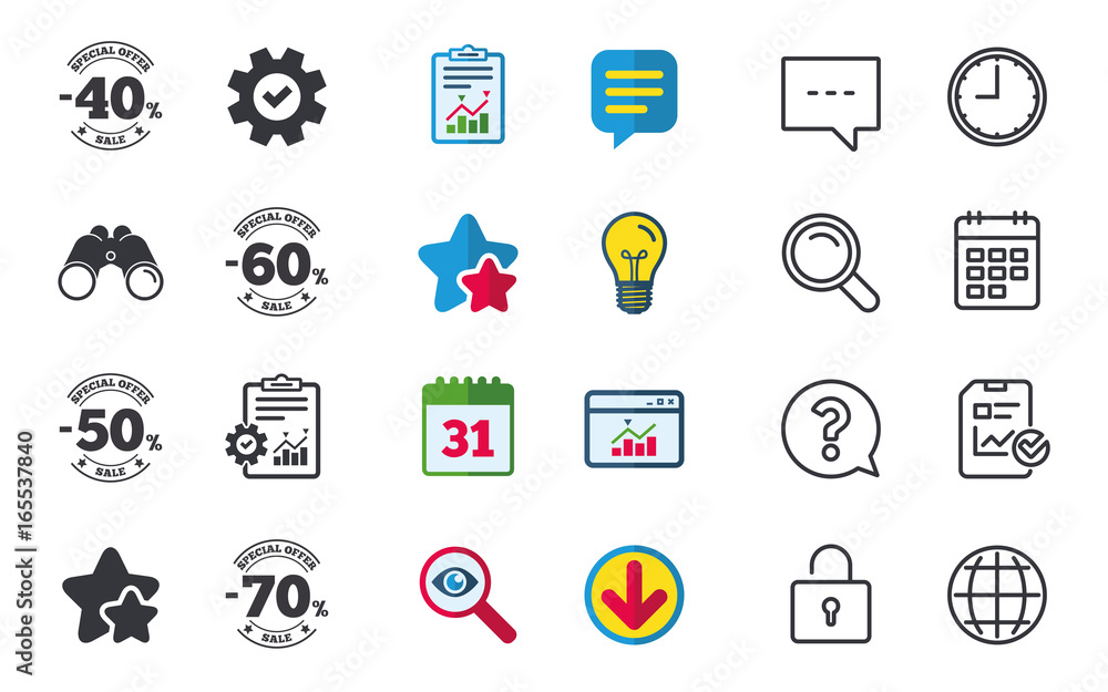 Sale discount icons. Special offer stamp price signs. 40, 50, 60 and 70 percent off reduction symbols. Chat, Report and Calendar signs. Stars, Statistics and Download icons. Question, Clock and Globe Sale discount icons. Special offer stamp price signs. 40, 50, 60 and 70 percent off reduction symbols. Chat, Report and Calendar signs. Stars, Statistics and Download icons. Question, Clock and Globe