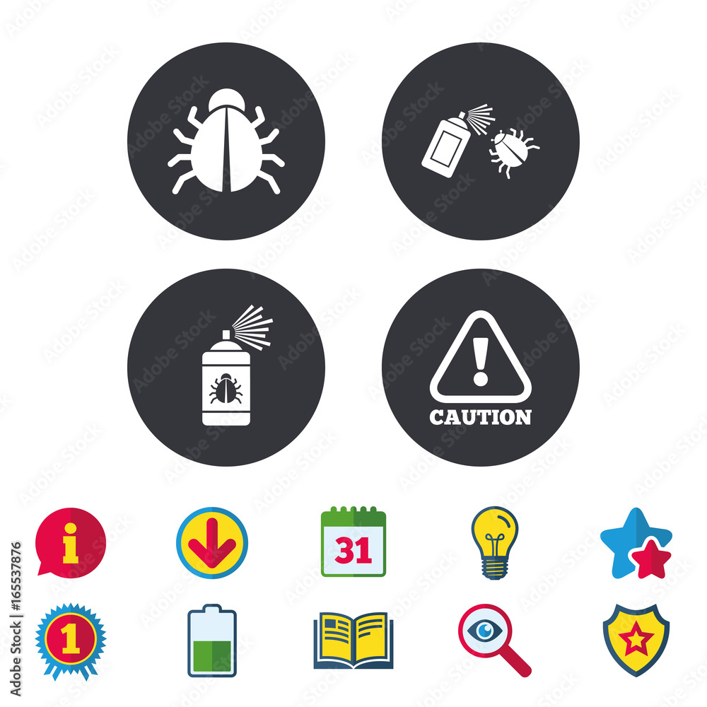 Bug disinfection icons. Caution attention symbol. Insect fumigation spray sign. Calendar, Information and Download signs. Stars, Award and Book icons. Light bulb, Shield and Search. Vector