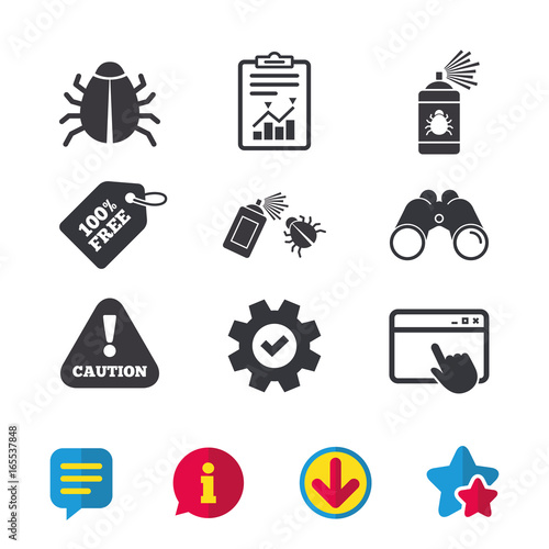 Bug disinfection icons. Caution attention symbol. Insect fumigation spray sign. Browser window, Report and Service signs. Binoculars, Information and Download icons. Stars and Chat. Vector