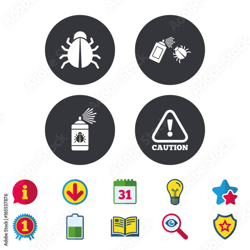 Bug disinfection icons. Caution attention symbol. Insect fumigation spray sign. Calendar, Information and Download signs. Stars, Award and Book icons. Light bulb, Shield and Search. Vector