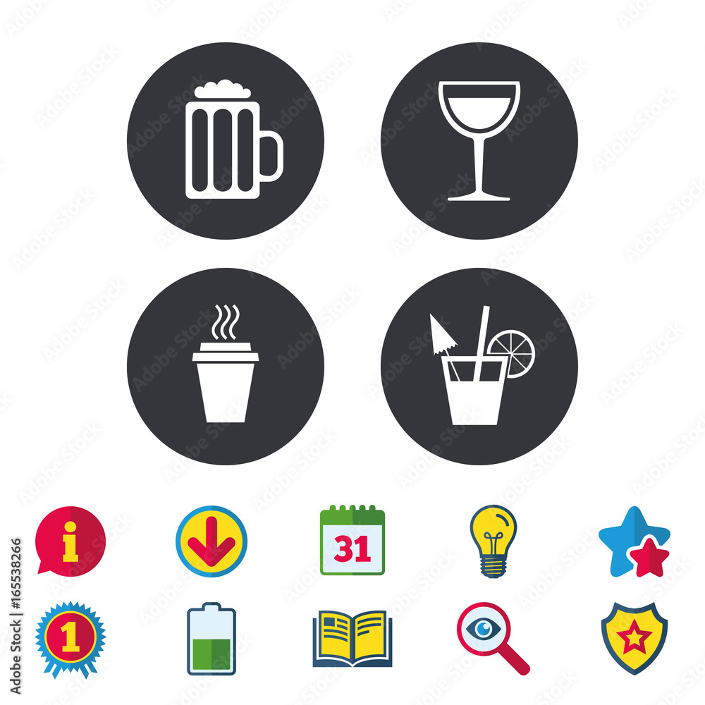 Drinks icons. Take away coffee cup and glass of beer symbols. Wine glass and cocktail signs. Calendar, Information and Download signs. Stars, Award and Book icons. Light bulb, Shield and Search Drinks icons. Take away coffee cup and glass of beer symbols. Wine glass and cocktail signs. Calendar, Information and Download signs. Stars, Award and Book icons. Light bulb, Shield and Search