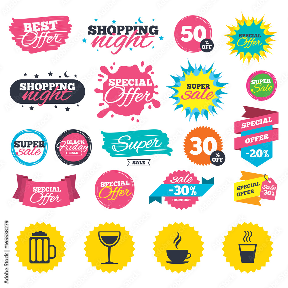 Obraz premium Sale shopping banners. Drinks icons. Coffee cup and glass of beer symbols. Wine glass sign. Web badges, splash and stickers. Best offer. Vector