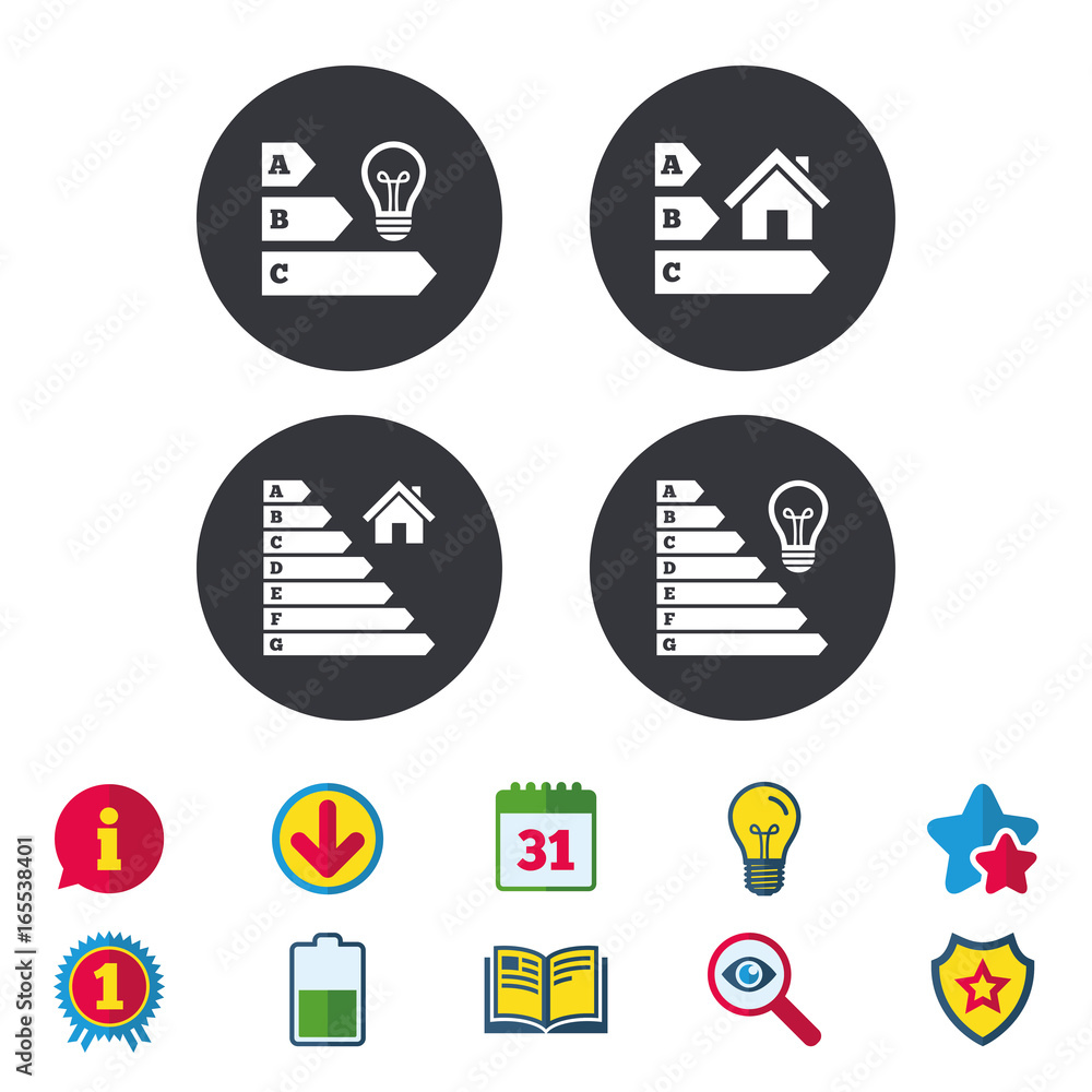 Energy efficiency icons. Lamp bulb and house building sign symbols. Calendar, Information and Download signs. Stars, Award and Book icons. Light bulb, Shield and Search. Vector Energy efficiency icons. Lamp bulb and house building sign symbols. Calendar, Information and Download signs. Stars, Award and Book icons. Light bulb, Shield and Search. Vector