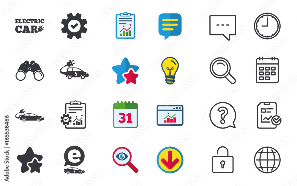 Electric car icons. Sedan and Hatchback transport symbols. Eco fuel vehicles signs. Chat, Report and Calendar signs. Stars, Statistics and Download icons. Question, Clock and Globe. Vector Electric car icons. Sedan and Hatchback transport symbols. Eco fuel vehicles signs. Chat, Report and Calendar signs. Stars, Statistics and Download icons. Question, Clock and Globe. Vector
