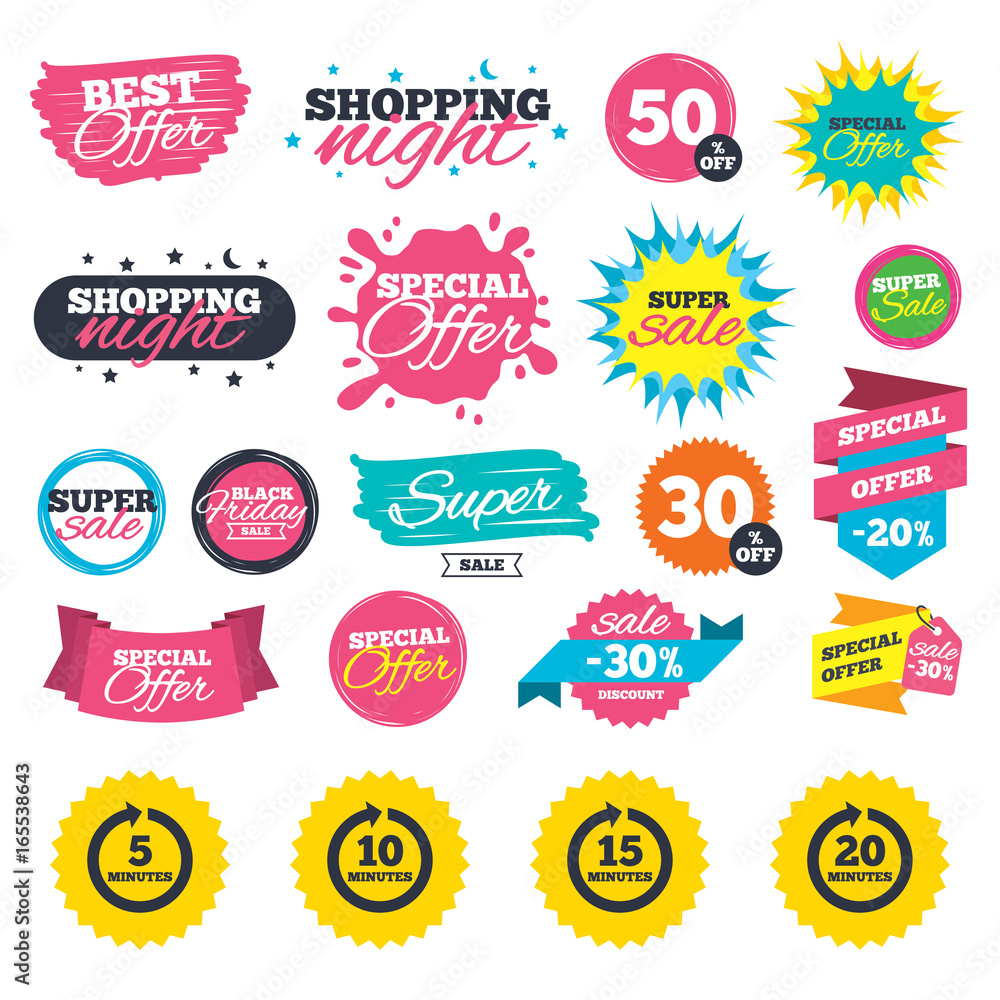 Sale shopping banners. Every 5, 10, 15 and 20 minutes icons. Full rotation arrow symbols. Iterative process signs. Web badges, splash and stickers. Best offer. Vector