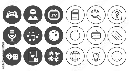 Entertainment icons. Game, bowling and puzzle signs. Casino, carnival and musical note symbols. Document, Globe and Clock line signs. Lamp, Magnifier and Paper clip icons. Vector
