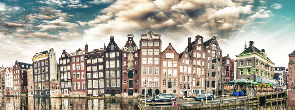 Dutch scenery with its canal side houses. Amsterdam panoramic skyline