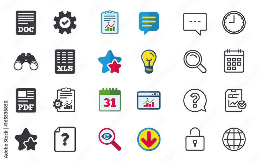 File document and question icons. XLS, PDF and DOC file symbols. Download or save doc signs. Chat, Report and Calendar signs. Stars, Statistics and Download icons. Question, Clock and Globe. Vector
