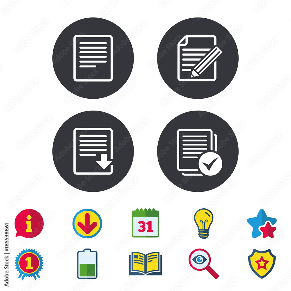 File document icons. Download file symbol. Edit content with pencil sign. Select file with checkbox. Calendar, Information and Download signs. Stars, Award and Book icons. Vector