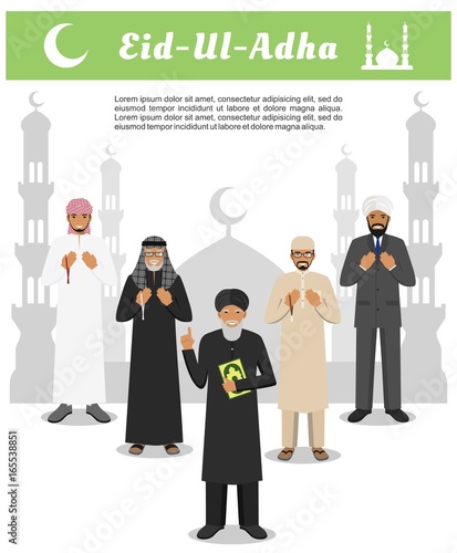Muslim holiday Eid al-Adha. Feast of the Sacrifice. Different standing praying arabic people and mullah in traditional arabian clothes. Mufti with quran. Silhouette of a mosque and minarets.