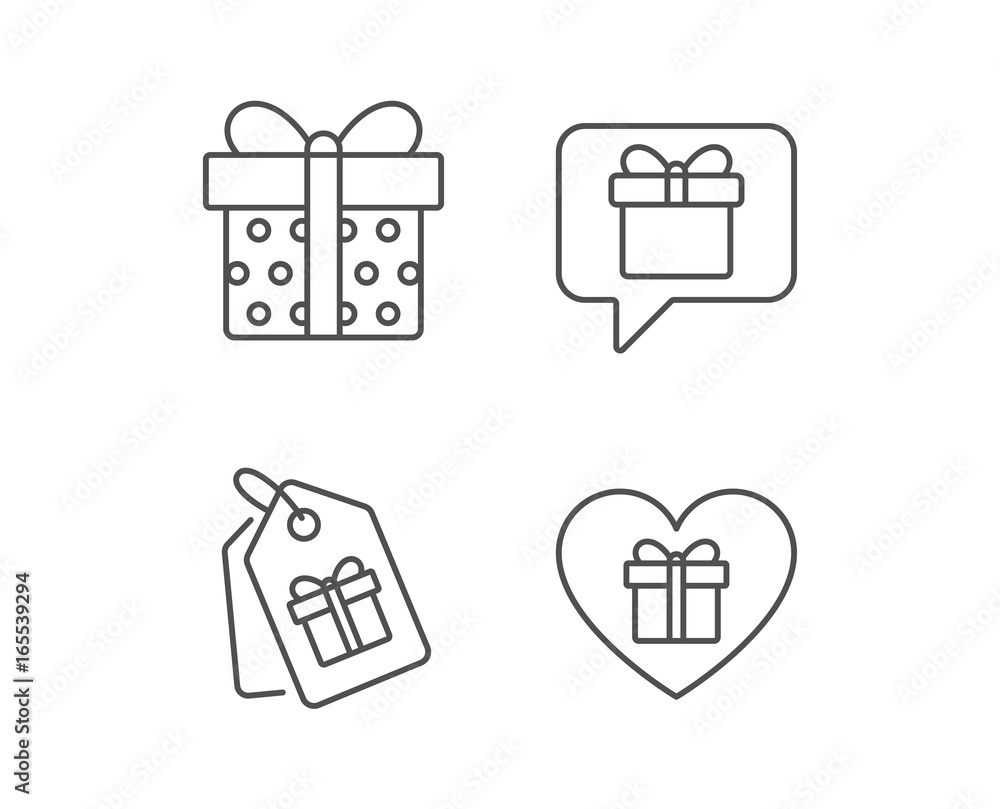 Gifts line icons. Present, Speech bubble and Coupons signs. Shopping symbols. Quality design elements. Editable stroke. Vector Gifts line icons. Present, Speech bubble and Coupons signs. Shopping symbols. Quality design elements. Editable stroke. Vector