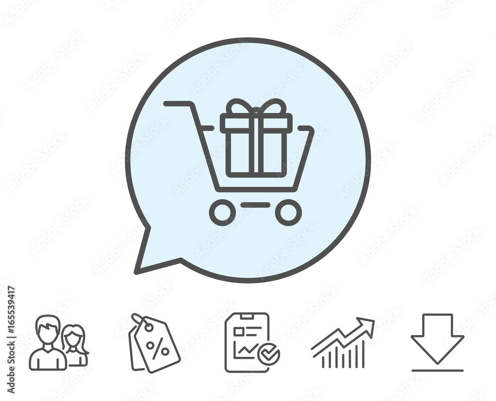 Shopping cart with Gift box line icon. Present or Sale sign. Birthday Shopping symbol. Package in Gift Wrap. Report, Sale Coupons and Chart line signs. Download, Group icons. Editable stroke. Vector Shopping cart with Gift box line icon. Present or Sale sign. Birthday Shopping symbol. Package in Gift Wrap. Report, Sale Coupons and Chart line signs. Download, Group icons. Editable stroke. Vector