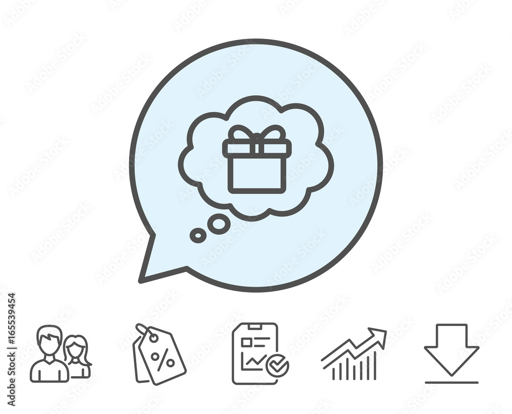 Dreaming of Gift line icon. Present box in Comic speech bubble sign. Birthday Shopping symbol. Package in Gift Wrap. Report, Sale Coupons and Chart line signs. Download, Group icons. Editable stroke Dreaming of Gift line icon. Present box in Comic speech bubble sign. Birthday Shopping symbol. Package in Gift Wrap. Report, Sale Coupons and Chart line signs. Download, Group icons. Editable stroke