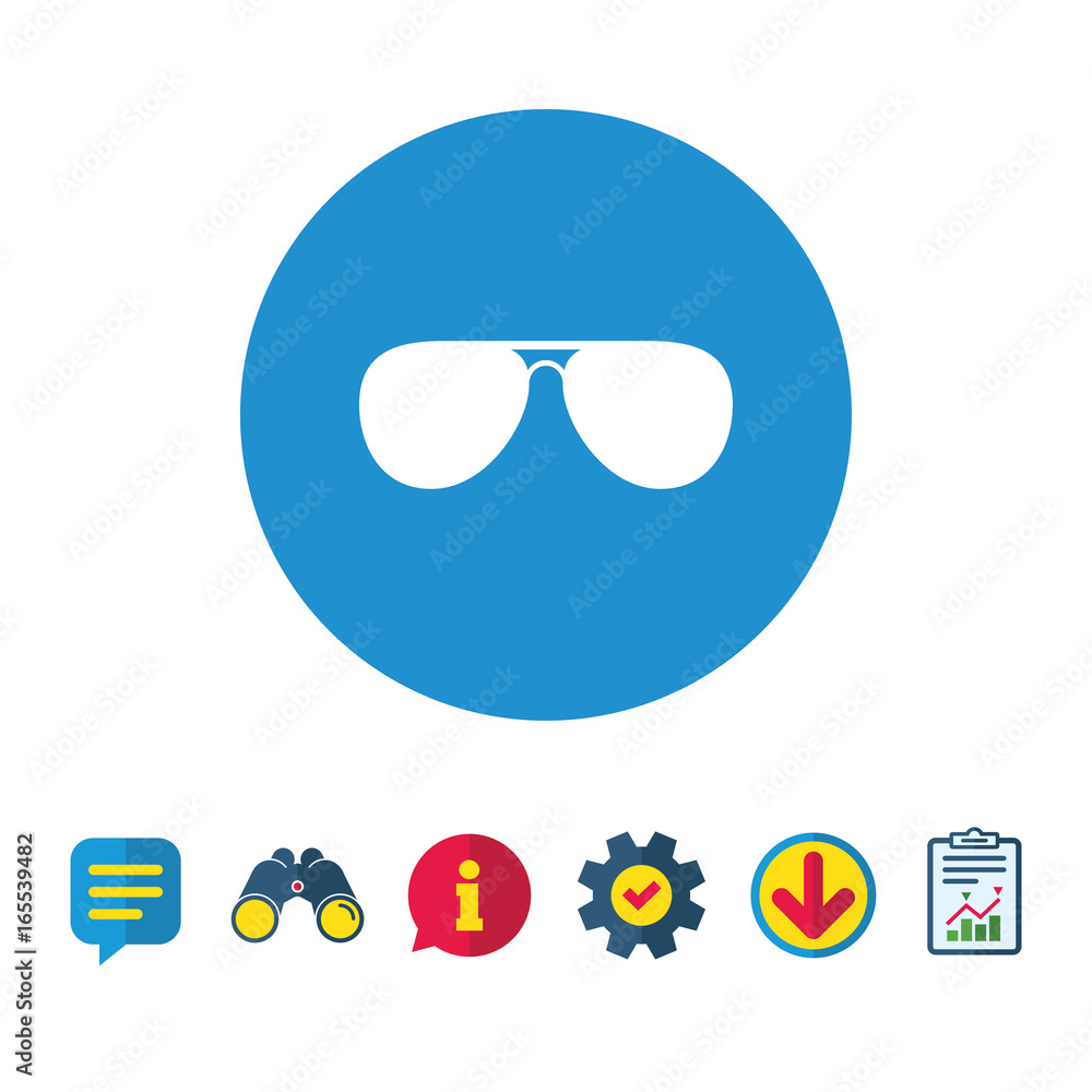 Aviator sunglasses sign icon. Pilot glasses button. Information, Report and Speech bubble signs. Binoculars, Service and Download icons. Vector Aviator sunglasses sign icon. Pilot glasses button. Information, Report and Speech bubble signs. Binoculars, Service and Download icons. Vector