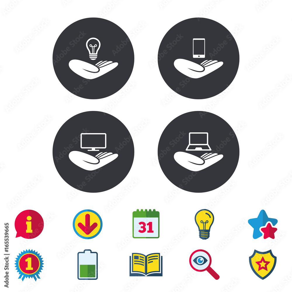 Helping hands icons. Intellectual property insurance symbol. Smartphone, TV monitor and pc notebook sign. Device protection. Calendar, Information and Download signs. Stars, Award and Book icons Helping hands icons. Intellectual property insurance symbol. Smartphone, TV monitor and pc notebook sign. Device protection. Calendar, Information and Download signs. Stars, Award and Book icons
