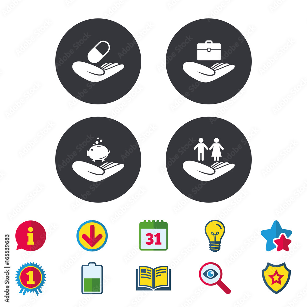 Helping hands icons. Protection and insurance symbols. Financial money savings, health medical insurance. Human couple life sign. Calendar, Information and Download signs. Stars, Award and Book icons