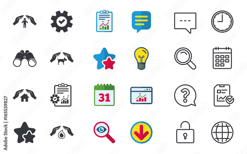 Hands insurance icons. Shelter for pets dogs symbol. Save water drop symbol. House property insurance sign. Chat, Report and Calendar signs. Stars, Statistics and Download icons. Vector Hands insurance icons. Shelter for pets dogs symbol. Save water drop symbol. House property insurance sign. Chat, Report and Calendar signs. Stars, Statistics and Download icons. Vector