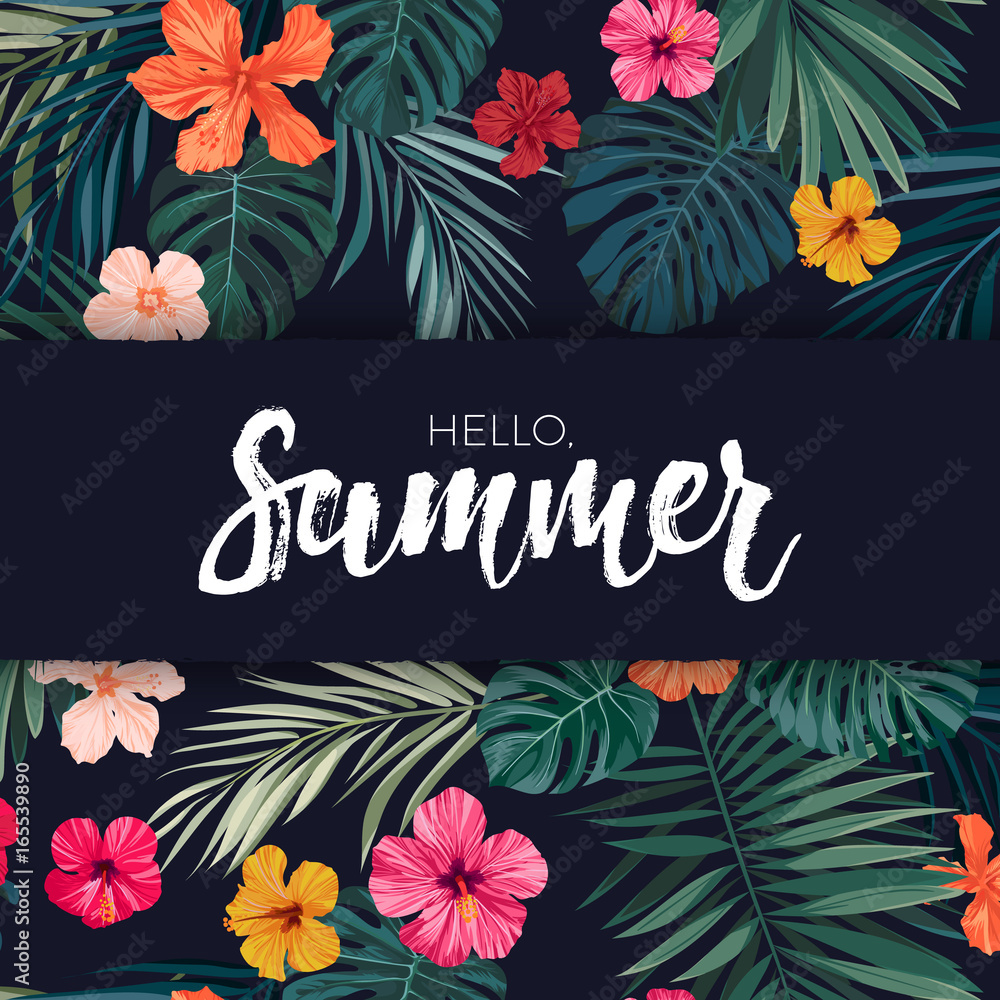 Fototapeta premium Summer colorful hawaiian vector flyer design with tropical palm leaves and hibiscus flowers