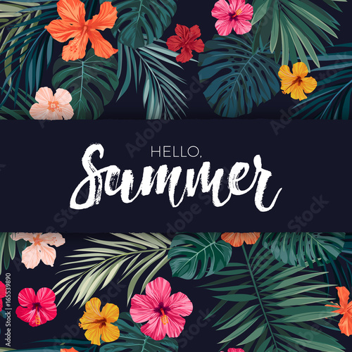 Summer colorful hawaiian vector flyer design with tropical palm leaves and hibiscus flowers